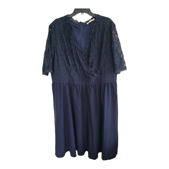 Nemidor Navy Blue Lace Dress Blue Women Sz 24 Midi Short Sleeves Pockets - Picture 1 of 15